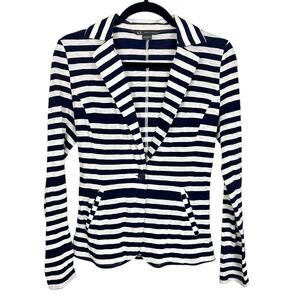 Armani Exchange 100% Cotton Navy White Striped Pleated Hem Blazer Sz S Preppy